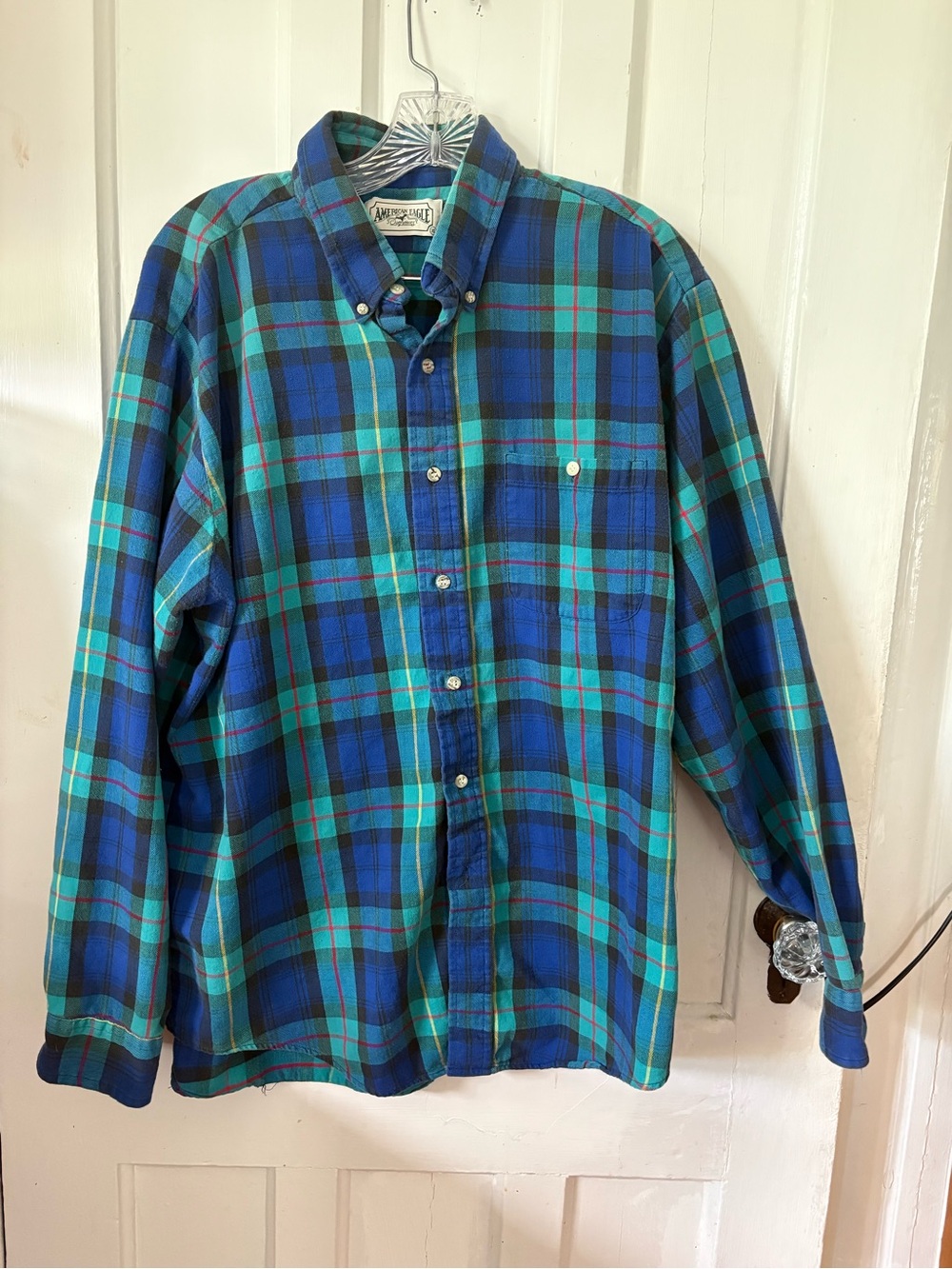 American Eagle Outfitters Blue and Teal Plaid Button-Down Shirt
